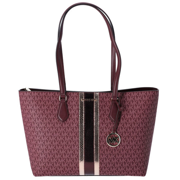 Michael Kors Sheila Large Signature Logo Tote Bag Oxblood Stripe MK Metallic - Picture 1 of 5